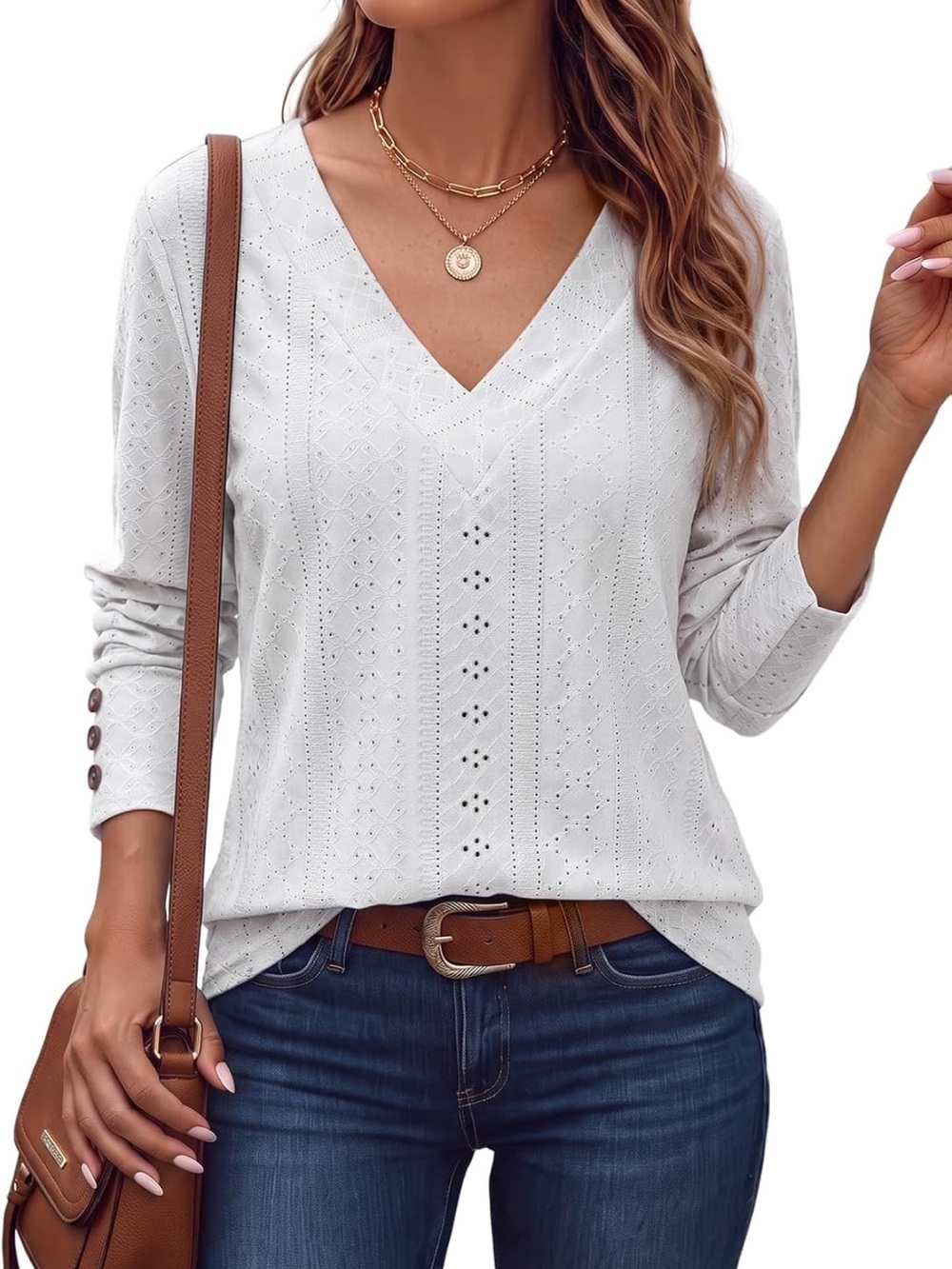 NWT Dokotoo White Eyelet V-Neck Long Sleeve Top Size Large